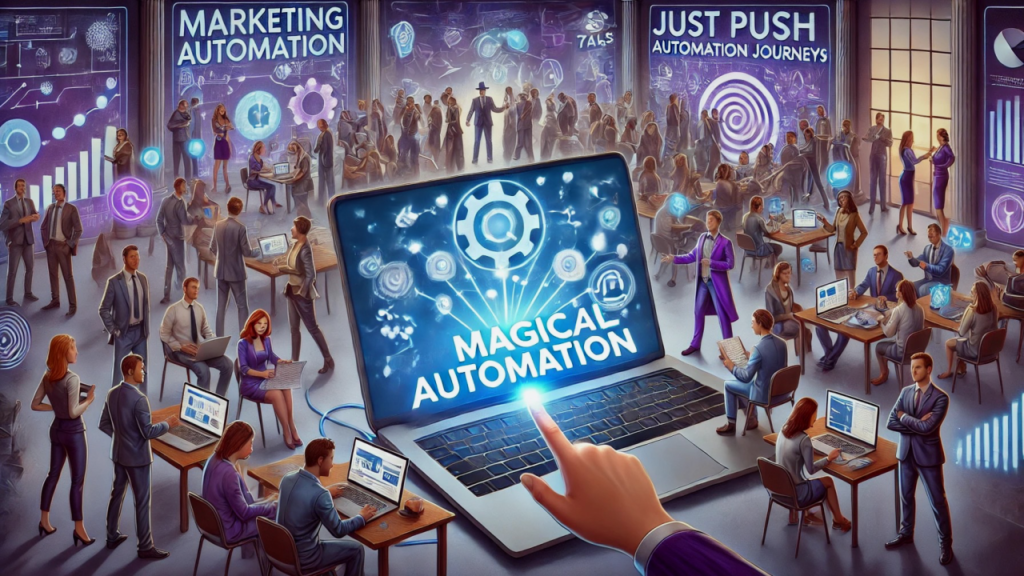 Digital illustration of a busy corporate office with screens displaying "Marketing Automation" and "Magical Automation" on a central laptop.